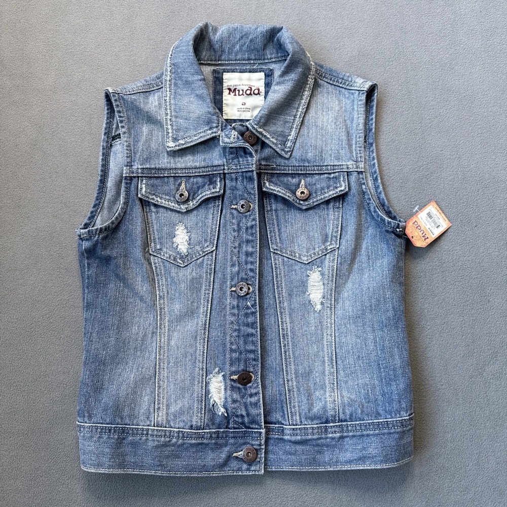 Mudd Denim‎ Vest Womens Small Blue Distressed Medium Wash 100% Cotton NWT
